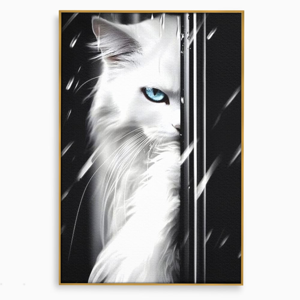 Tablou canvas cu tablou canvas cu pisica alba si ochi albastri, in rama de aluminiu auriu